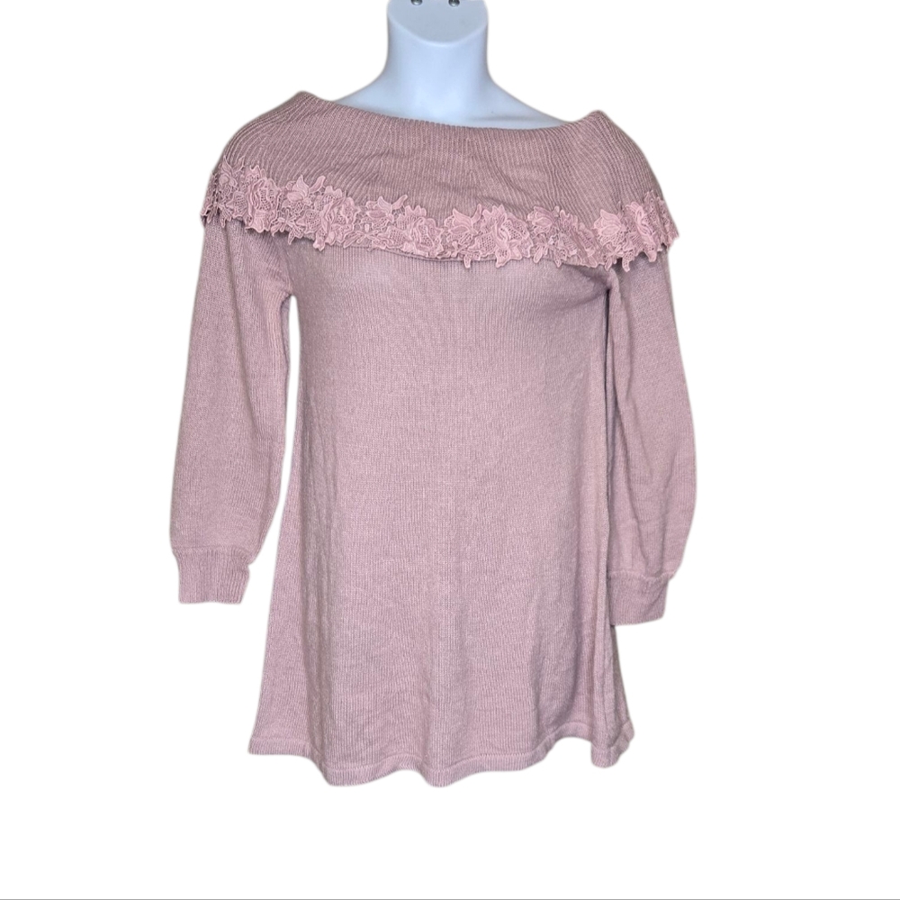 LOLITA mauve pink floral lace off shoulder‎ ribbed kawaii tunic sweater dress M